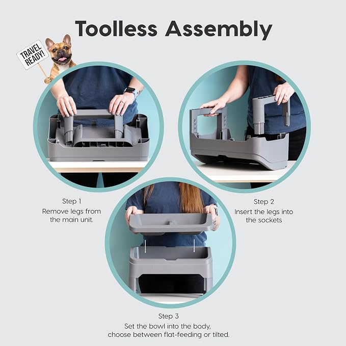 IRIS USA Elevated Pet Feeding Station, Adjustable, Double Bowls, Gray | Made in USA, Feeding Trough, Removable Double Food and Water Bowls, Easy Clean Design, Indoor Pet Feeding System