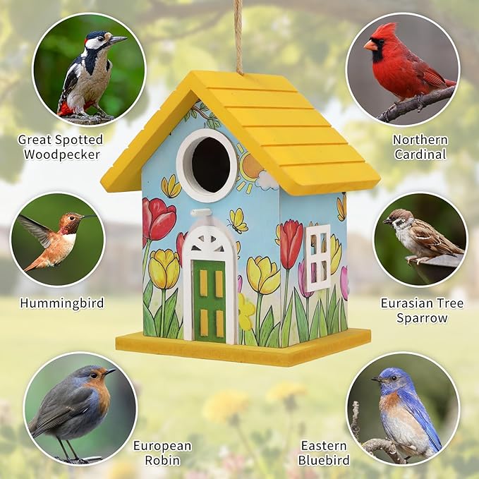Wooden Bird Houses Bird House for Outside Yellow Wood Bird House for Outdoors,Handmade Painted Tulips Bird Houses for Garden Blue Bird Hummingbird Wren Cardinal Swallow Sparrow Finch Chickadee