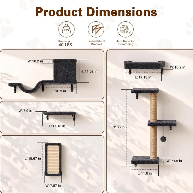 6-in-1 Cat Wall Shelves for Indoor Cats, Wall Mounted Furniture with Bed, Cave, Perch & Scratching Post, Multi-Level Climbing System, Space-Saving Playground, Natural Wood Gray