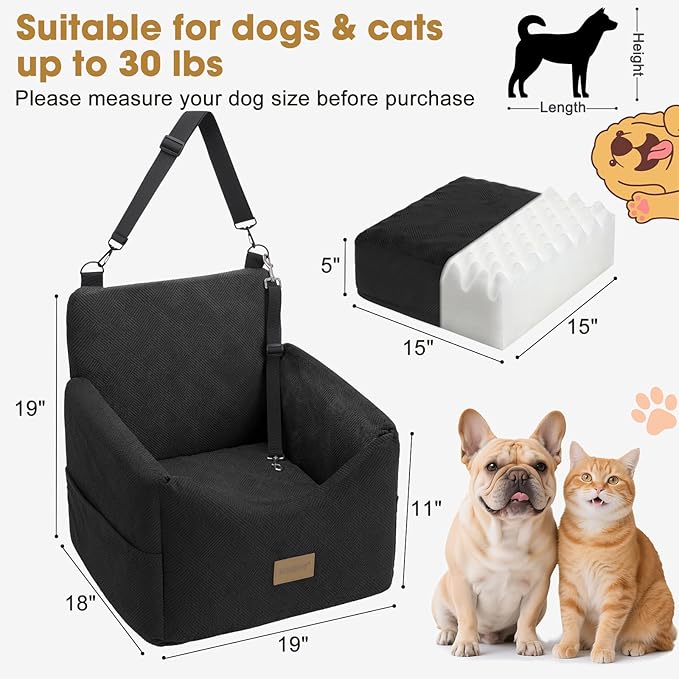 JOEJOY Dog Car Seats for Small Medium Dogs Under 35lbs, Dog Booster Seat with Detachable Washable Cover and Cushion, Memory Foam Pet Car Seat with Safety Belt and Storage Pockets (Black)