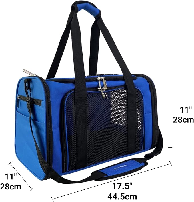 Airline Approved Soft Sided Pet Carrier, 17.5X11X11 Travel Tote with Soft Padded Bedding with Strong 1/4" Wood Base, Seatbelt & Luggage Attachment, Perfect for Cats and Small Dogs