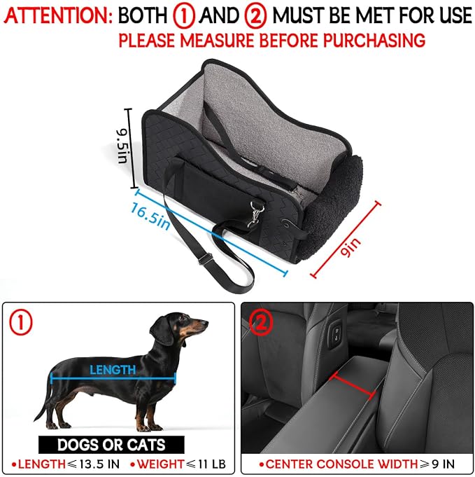 TKYZ Center Console Dog Car Seat for Small Dogs,for Car/SUV/Small Truck | Soft Pillow,Double fixation,PU Leather Easy To Clean,Pet Booster with Safety Belt,Puppy Car Seat for Small Dogs 0-11 lbs