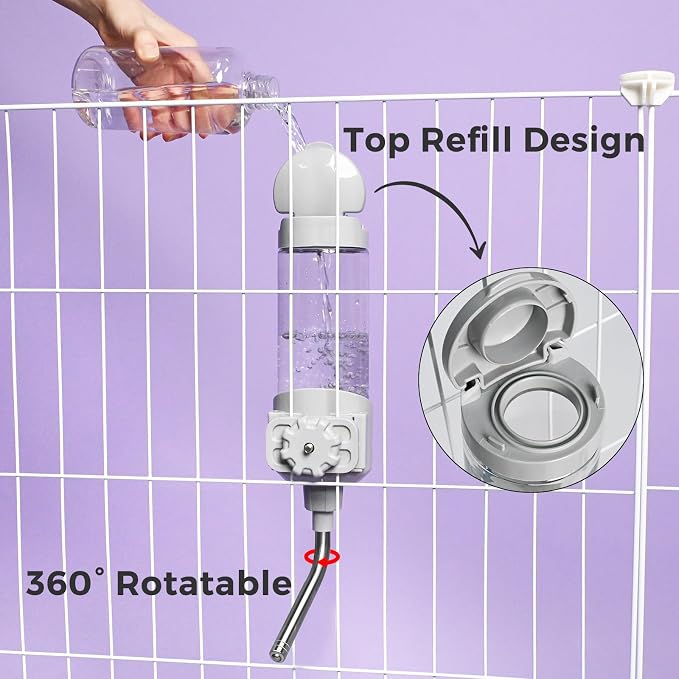 VANNON Top Fill Dog Water Dispenser for Cage, 23oz Auto Feeding Crate Water Bottle for Dogs, Cats & Rabbits, Pet Nozzle Diameter: 12mm, BPA Free, Grey