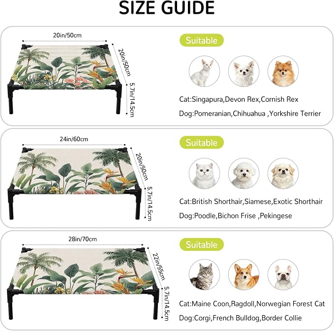 Outdoor Elevated Dog Bed for Small Dogs, Summer Palm Tree Breathable Cooling Raised Dog Cot for Indoor/Outdoor, Tropical Botanical Floral Coastal Rustic Waterproof Elevated Pet Beds, S 20 x 20 in