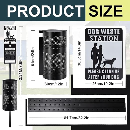 Qinyoung Dog Waste Station Galvanized Steel Outdoor Pet Bin with Poop Bag Dispenser Reflective Sign Rust Proof for Backyard Commercial Park (Black)
