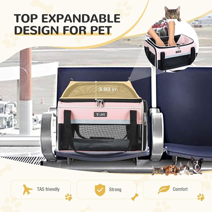 Lekereise Top-Expandable Pet Carrier 17x11x9.5 Inch Alaska Hawaiian Airline Approved Soft Sided Underseat to 12lbs Travel Carriers for Small Dogs and Cats with Locking Safety Zippers Anti-Scratch Mesh