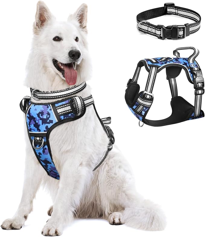 Dog Harness No Pull, Pet Harnesses with Dog Collar, Adjustable Reflective Oxford Outdoor Vest, Front/Back Leash Clips for Small, Medium, Large, Extra Large Dogs, Easy Control Handle for Walking