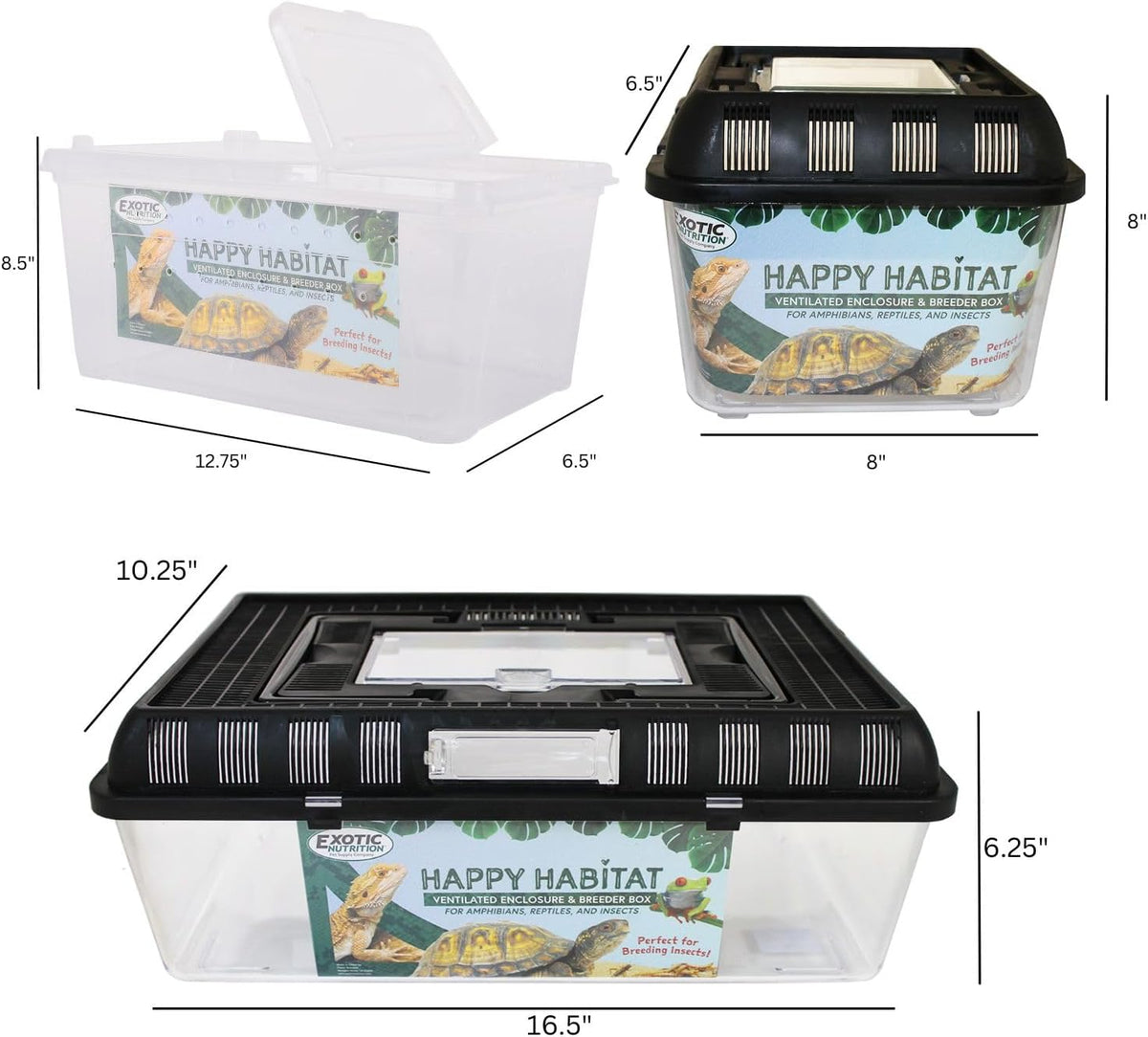Happy Habitat - Ventilated Enclosure & Breeder Box - for Live Feeder Insects, Reptiles, Amphibians & Other Small Pets - Durable Plastic Portable Terrarium (Medium)