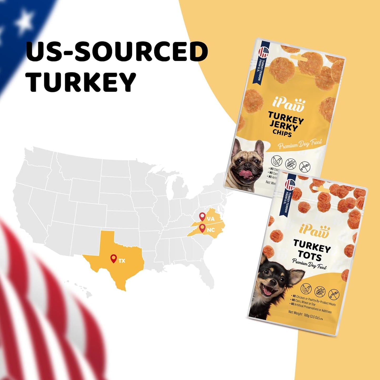 iPaw Turkey Chips Dog Treats for Puppy Training, All Natural Human Grade Dog Treat, US Sourced Raw Material, Hypoallergenic, Easy to Digest (Turkey Chips), 2 Packs