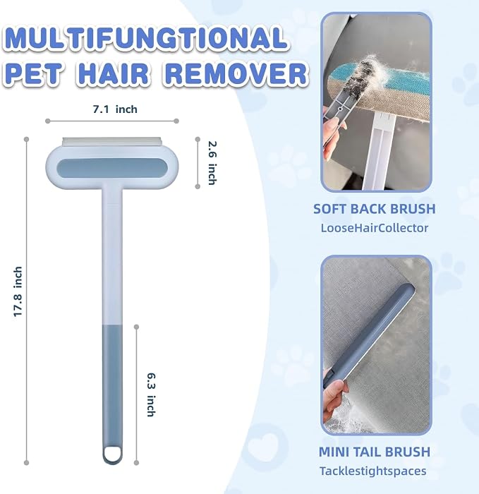 4 in 1 Pet Hair Remover - Washable & Reusable Long-Handle Tool, Gentle Removal for Dog/Cat Hair on Couch, Carpet, Furniture - Also Works for Window & Tile Cleaning (17.3inch)