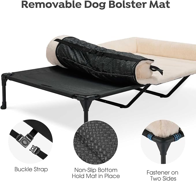 Veehoo Elevated Dog Beds Large Sized Dog with Fluffy Plush Bolster Cushion | Orthopedic Raised Dog Beds for Indoor Outdoor, Soft Pet Sofa Cot with Removable Washable Mat, No-Slip Feet, 59" x 37", White