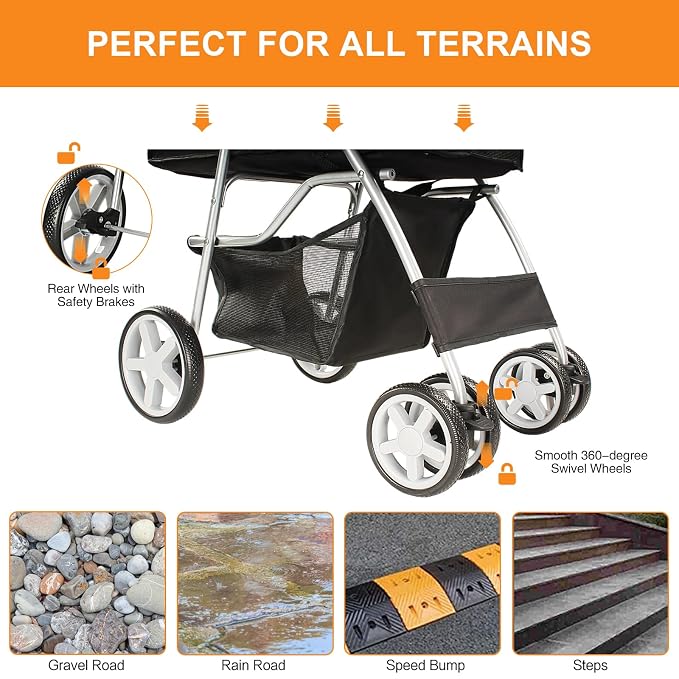 Pet Stroller for Small Dogs and CatsQuick-Folding Portable Travel Cat Dog Stroller with Storage Basket and Cup Holder, 4 Wheels, Pure Black