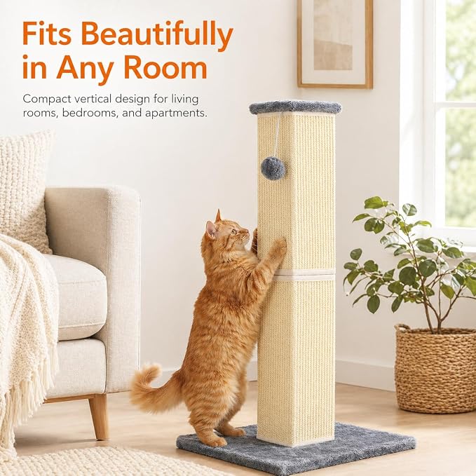 Cat Scratching Post for Large Indoor Cats & Kittens, Cat Scratcher with Extra Large Stable Base and Natural Sisal, Sturdy Cat Scratch Post to Protect Furniture & Couch, Grey, 32 Inch