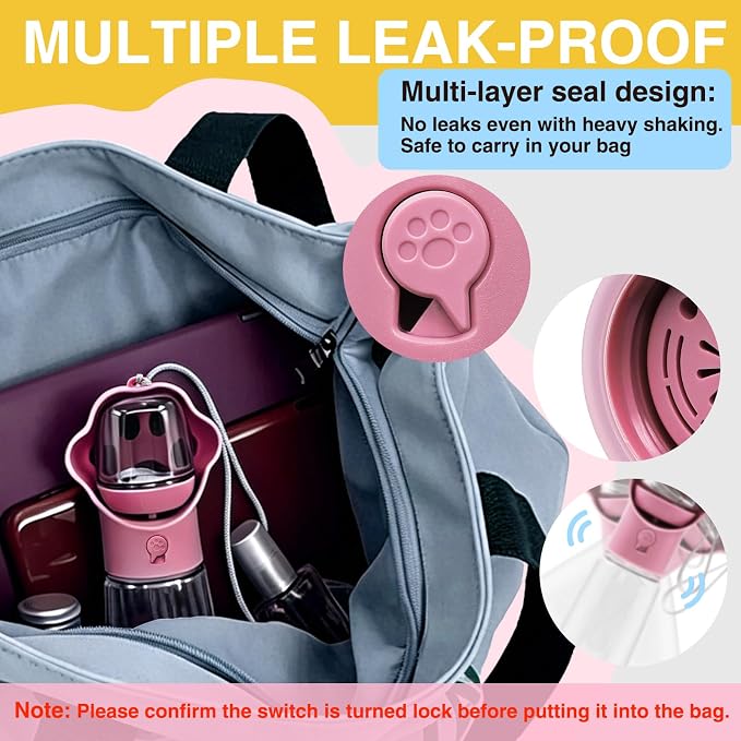 Dog Water Bottle with Food Container, Portable Pet Dispenser, Leak Proof, Hiking, Puppy Travel, Outdoor Activities(18.6 fl.oz/550ml, Pink)
