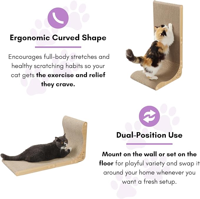 Necoichi Cardboard Cat Scratcher Wall for Indoor Cats - Cat Scratching Board, Cat Scratch Pad Lounger with Reversible Usability and Extra Comfort for Lounge, Curved (Oak, Regular)