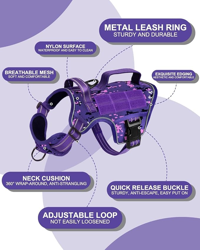 Dog Harness, Tactical No Pull for Small Sized Dog with Handle | Breathable Soft Padded, Adjustable, Reflective, Molle System, Heavy Duty, No Choke for Walking Training, Purple Camo Small