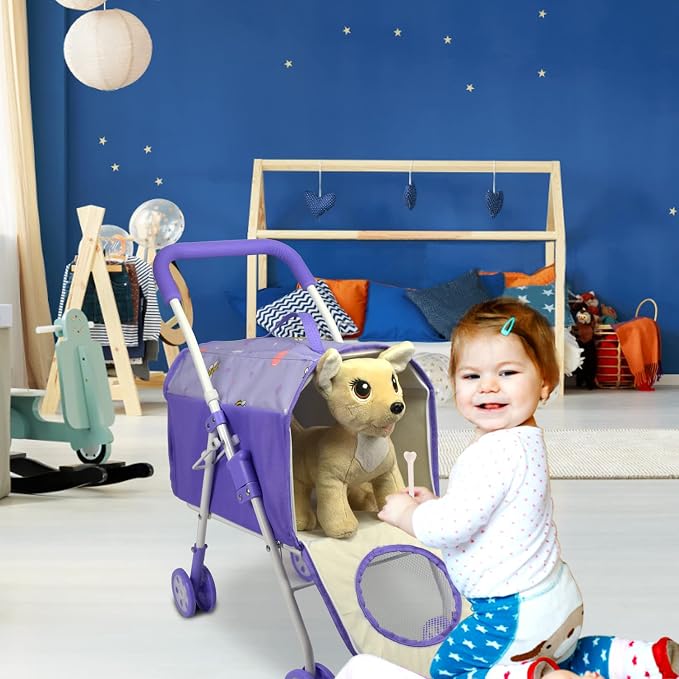 ANIVIA Pet Stroller and Accessories for Kids Ages 3 to 7 Year Olds, Dog Toy for Toddlers, 2 Pieces Play Dog Set, Puppy Party Playset with 1 Pet Puppy Included Purple