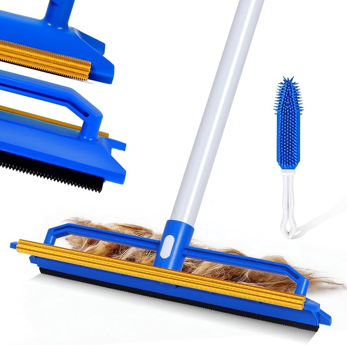 Topmart Carpet Rake with 60" Long Adjustable Handle | 2-in-1 Pet Hair Remover for Rugs Mat & Furniture,Reusable Carpet Scraper for Dog Cat Shedding Fur,Includes Silicone Pet Brush