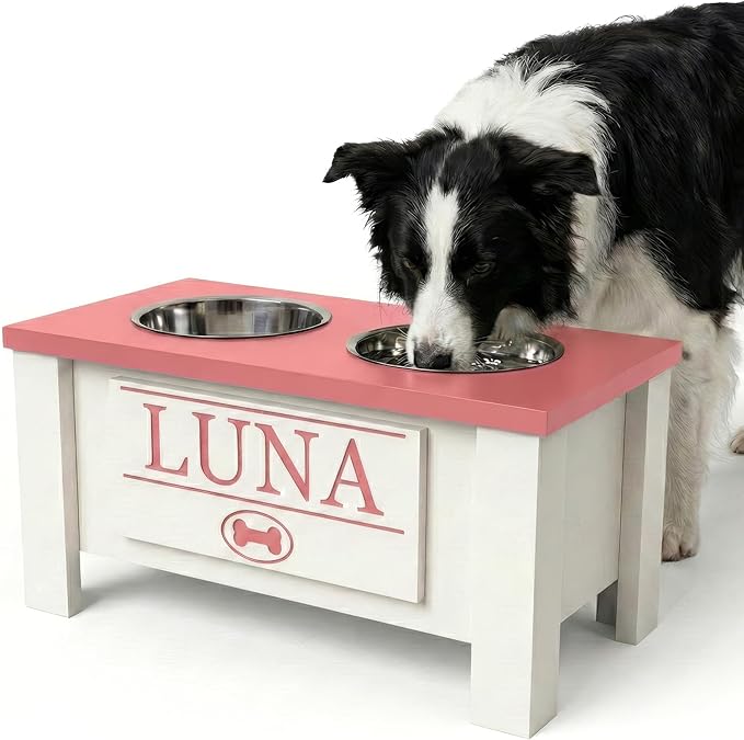 Elevated Dog Bowls, Personalized Raised Dog Bowl Stand for Medium Dogs | Farmhouse Style, Elevated Wood Stand, Storage Container, Stainless Steel Bowls, Raised Anti-Slip Feeder, Made in USA