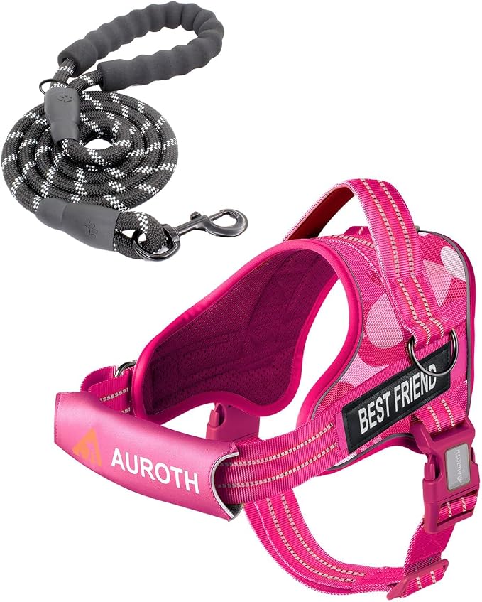 AUROTH Dog Harness for Large Dogs No Pull Tactical Harness and Leash Set | with Leash Clips, LED light clip, Breathable Mesh Padded No Choke, Easy Walking and Training, Pink Camo, Large