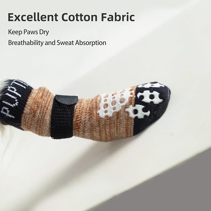 PUPTECK Anti-Slip Dog Socks with Double Sides Grips for Small Medium Large Dogs Hardwood Floors Prevents Licking, Dog Shoes for Hot Pavement Traction Control Paw Protector for Senior Dogs, Khaki M