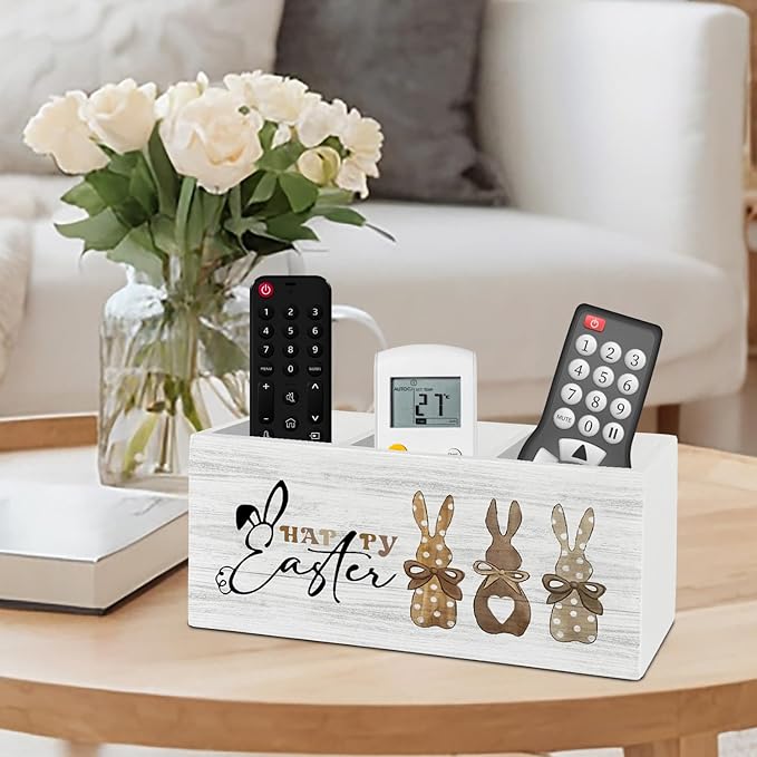 Happy Easter Bunny Decor, Bunny Rabbit Gifts, Bunny Easter Gifts for Women, Funny Pen Pencil Holder Organizer for Desk Accessories, Wooden Box Sign Desk Decor for Home Office Decoration