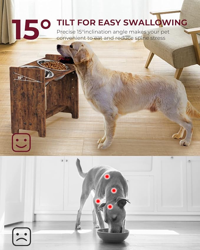 Elevated Dog Bowls, Adjustable Bowl Stand Large/XLarge, Rustic Brown | Particle Board Raised Dog Bowl Stand with 2 Stainless Steel Bowls for Large and Extra-Large Dogs
