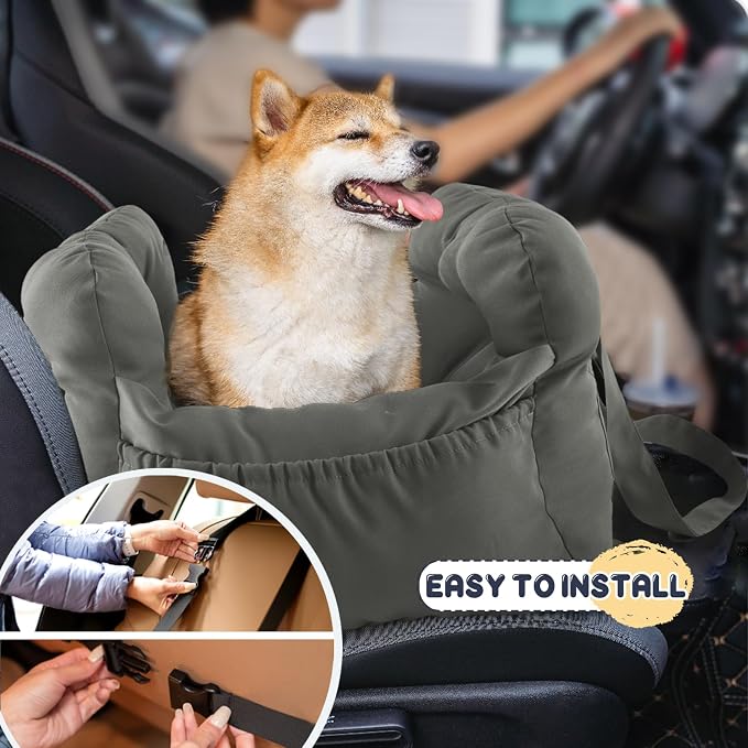 Dog Car Seat for Small Dogs, Portable Puppy Car Seat of Easy Installation, Fashionable Pet Carrier Bag with Large Pockets, Machine Washable Dog Booster Seat (Grey)