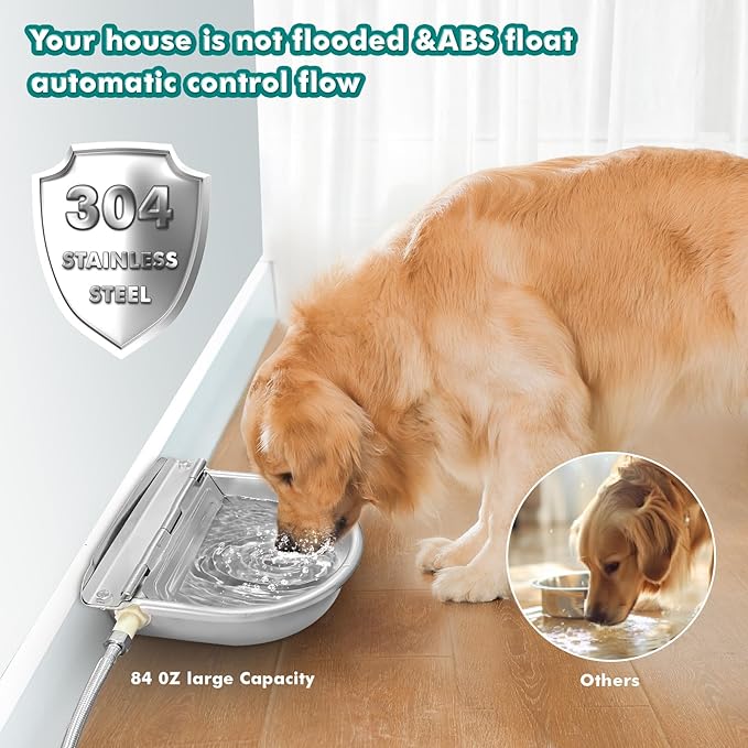 Automatic Water Dispenser for Dogs,304 Stainless Steel Float Valve Pet Bowl | Self-Filling, Wall Mounted, 2.5L Capacity, Drain Plug for Easy Clean, for Large Dogs Chickens Horses, Yard Farm Outdoor Use