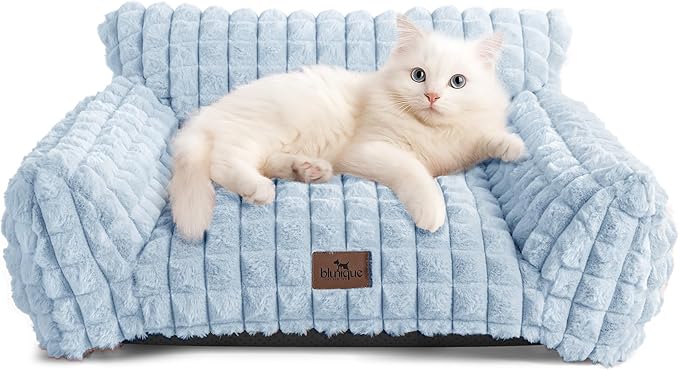 Cute Cat Couch Bed for Indoor Cats - Fluffy Faux Rabbit Fur Pet Sofa with Washable Cover, Fuzzy Pet Couch in Suppportive Small & Large Cats Beds, 24x18 x10 inch, Light Blue