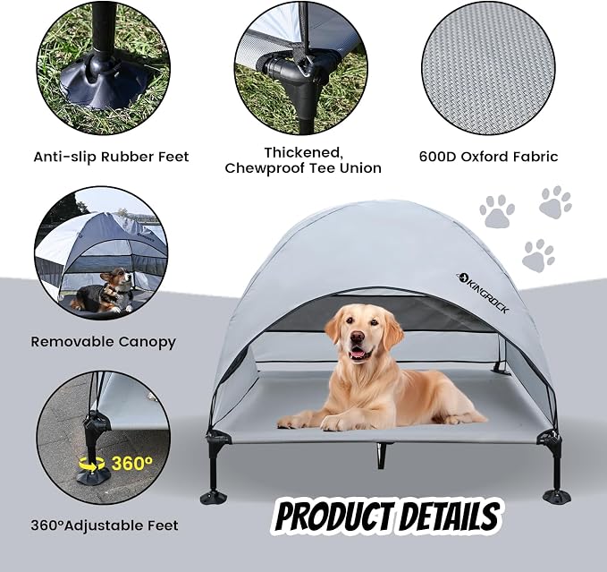 KINGROCK Elevated Dog Bed with Removable Canopy Portable Outdoor Pet Cot Waterproof 600D Oxford Fabric Anti Slip Feet for Large Dogs Camping Beach Indoor and Outdoor Use