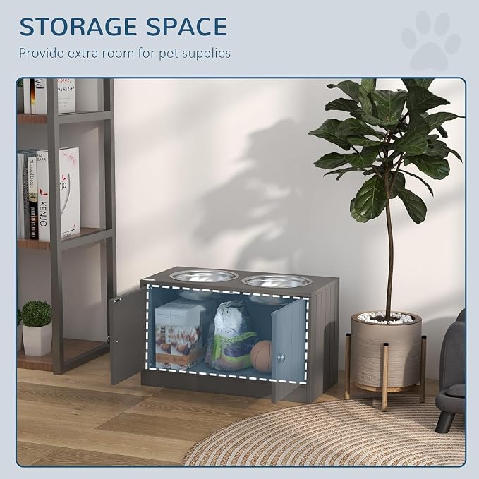 Dog Feeding Station with Storage - Large Dog Bowl Cabinet | Gray, Wood and Metal, 23.5 x 11.75 x 14 In, 44L Storage, 2 Stainless Steel Bowls