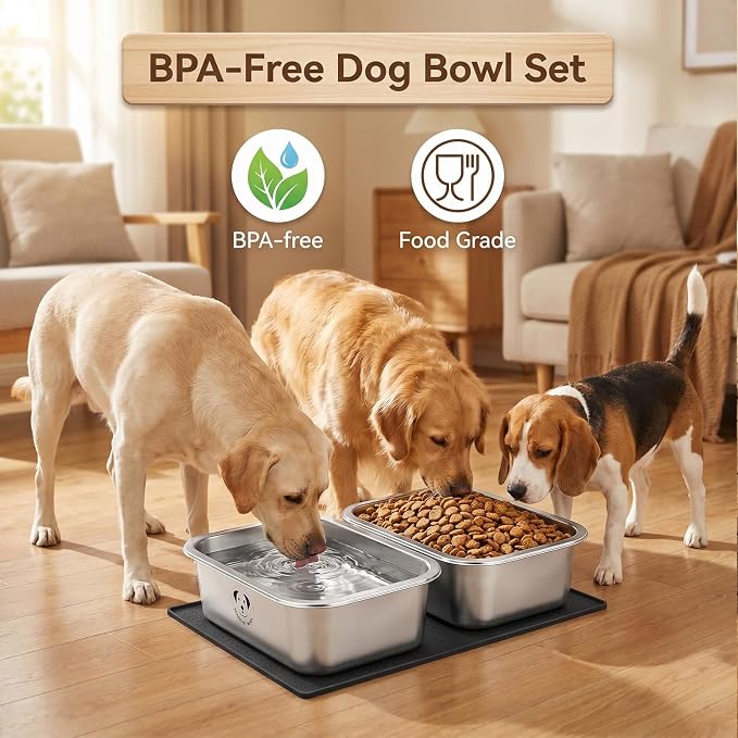 Stainless Steel Dog Bowls for Large Dogs, High Capacity Metal Dog Food Bowls, Food and Water Bowl for Larges, X-Large, and Big Dogs with Non-Slip Mat 1.25 Gallons, 2 Pack