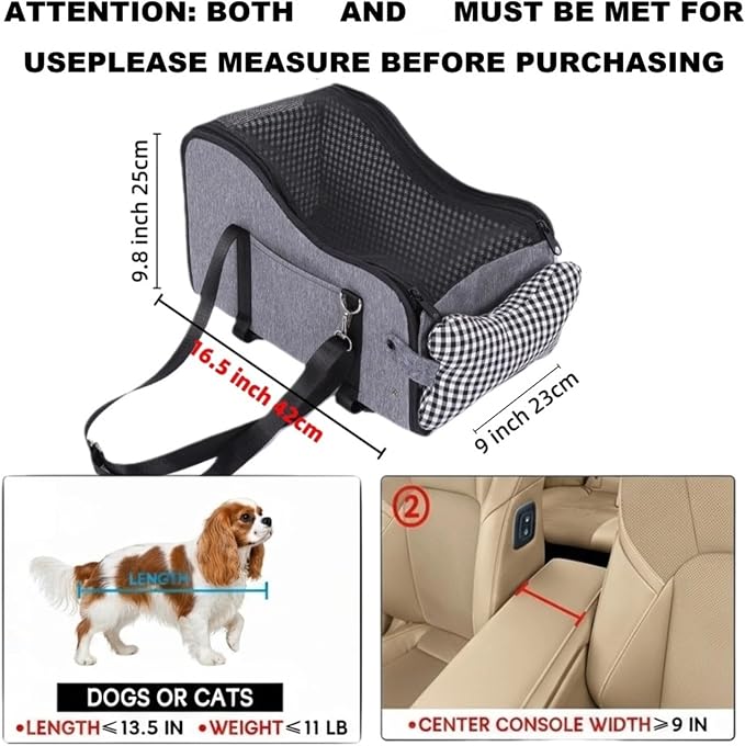 Center Console Dog Car Seat with Breathable Mesh Cover, Pet Puppy Car Seat, Middle Console Dog Armrest Booster Seat with Ventilated Mesh for Small Dogs&Cats,16.5''*9.8''*9''
