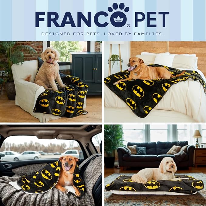 Franco Pet Batman DC Comics Bat Shield Logo Super Soft Cozy Waterproof Sherpa-Backed Blanket Throw for Large Dogs, Couch/Bed/Car, 50x60 (Officially Licensed Product)