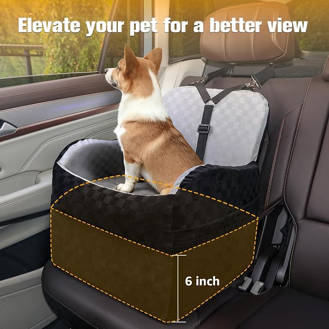 PETICON Waterproof Dog Car Seat for Small Medium Dogs, 6in Memory Foam | Pet Booster Seat for Dogs up to 26 lbs with Pockets, Detachable Washable Pet Carseat with Y-Shape Safety Belt