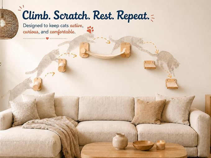Cat Wall Shelves 6-in-1 Wall Mounted Cat Furniture with Perch & Hammock, Wooden Climbing Shelves with Scratching Post Pad, Space-Saving Climbing Tower for Indoor Cats