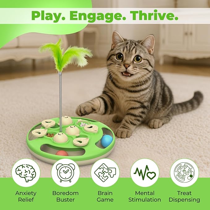Cat Puzzle Feeder, 3 in 1 Interactive Cat Treat Puzzle Toy with Track Balls, Feather Teaser & Slow Feeder Insert, Non-Slip Base, Level 3 Mental Stimulation Enrichment Toy for Bored Indoor Cats