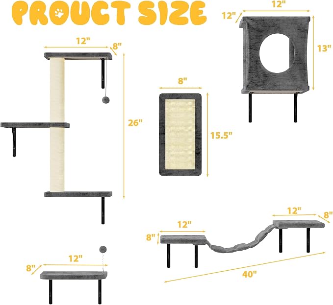 NUNU LAB Cat Wall Shelves, 10-in-1 Wall-Mounted Cat Furniture Set, Large Cat Climber Set with House, Bridge, Steps, Scratcher, DIY Playground, Shelves for Indoor Wall Furniture Set - Grey