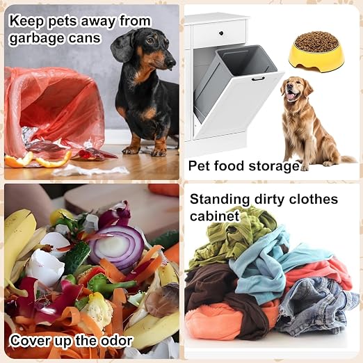 CABIHOME Double Tilt-Out Trash Cabinet with Drawers & Deodorizer | 20 gal farmhouse wooden dual bin trash and recycling cabinet. Dog proof hidden waste station for kitchen or laundry.