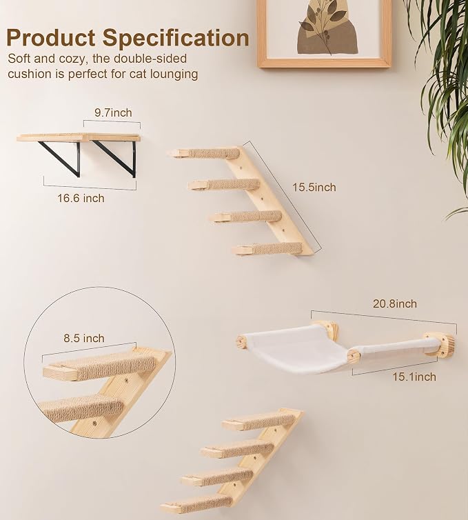 Cat Scraching Post Wall Shelves Set of 3 –1 Floating Fabric Hammock, 2 Cat Wall Ladders with 4 Steps EachWall Mounted Bed Furniture & Climber for Large Cats, Indoor Wall Playground