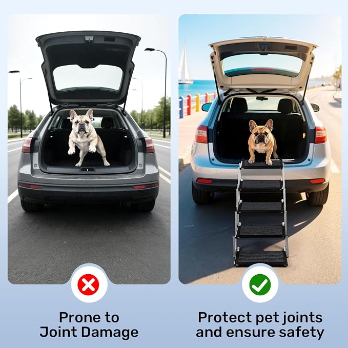 Dog Steps for Car, Truck and SUV - Foldable Pet Stairs for Large Dogs with Non-Slip Rug Surface, Lightweight Dog Ramp Holds Up to 250lbs, 5 Steps