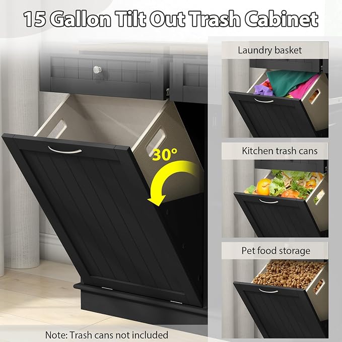 POWERSTONE Hidden Tilt Out Trash Cabinet Kitchen Island with 2 Drawers & Adjustable Shelf, Rubber Wood Countertop, Freestanding Laundry Hamper Recycle Bins, Pet Proof Garbage Can Holder Black