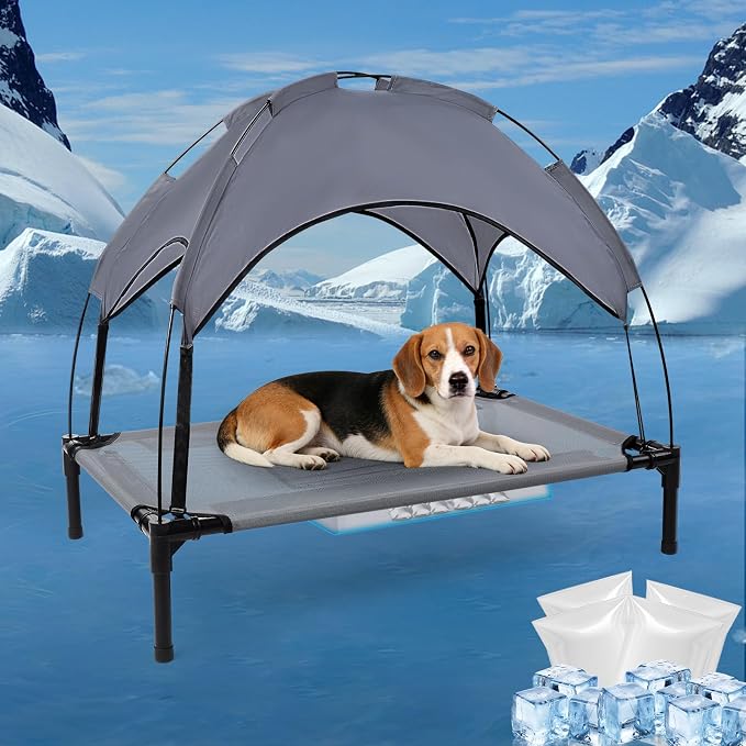 34.3'' Elevated Outdoor Dog Bed with Canopy, Raised Dog Bed Medium Size Dog | Outdoor Dog Bed with Canopy Medium Large Size Dogs with Ice Pack, Dog Cooling Beds, Outdoor Pet Hammock Beds, Outside Pet Bed