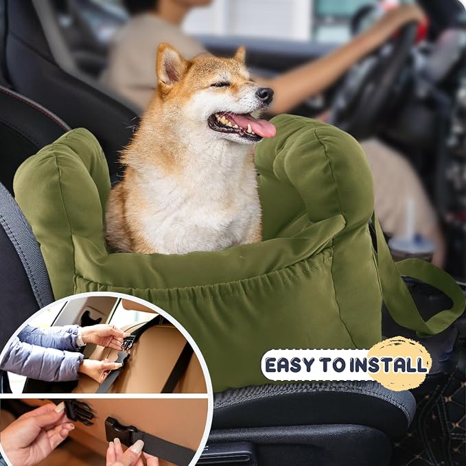 Dog Car Seat for Small Dogs, Portable Puppy Car Seat of Easy Installation, Fashionable Pet Carrier Bag with Large Pockets, Machine Washable Dog Booster Seat (Army Green)