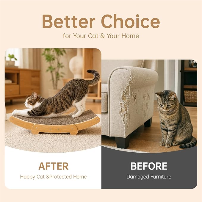 Curved Cat Scratcher Lounge Cat Scratching Board Bed, Natural Cardboard Cat Scratcher Sofa with Wooden Base, Comfortable Resting & Playing Scratching Pad for Indoor Cats