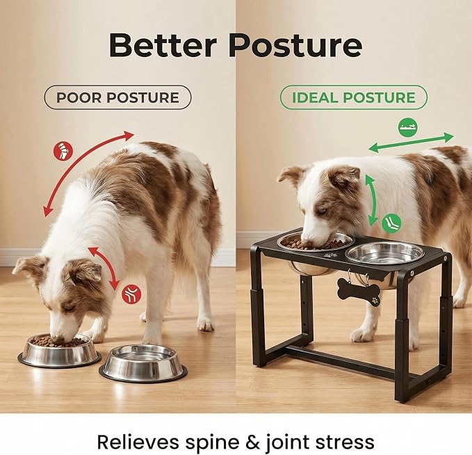 Metal Elevated Dog Bowls, Raised Dog Bowls for Medium/Large Sized Dogs with Two 58oz Stainless Steel Food Bowls, 3 Adjustable Height (8.8"/11.5"/14") Dog Bowl Stand Protect Neck & Joints