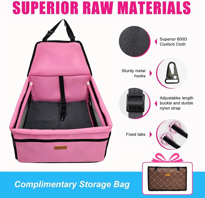 Pet Dog Booster Seat, Upgrading the Framed wall to Prevent Collapse，Breathable and Foldable Pet Car Basket，Removable andWashable pet car seat (Pink)