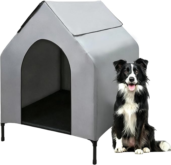 Dog House Outdoor, 2-in-1 Dog House for Small/Medium Dogs, Elevated Dog Bed with Canopy Weatherproof Puppy Shelter with Windows (Grey, 36 Inch)