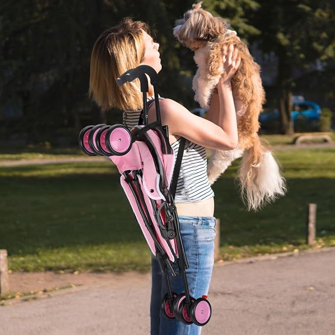 Pet Stroller for Small Dogs Medium Dogs 33lbs, Dog Pram Ultra Light - only 3.5 kg, Dog Stroller Pet Pram with 4 Wheel Foldable/Storage Basket/Cup Holder-P07 (Hot Pink)